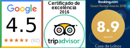 Pontuações: Google 4,5/5; TripAdvisor Certificado de excelência; Booking 8,9/10 (Março/2019)