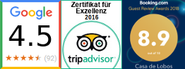 Gesamtwertungen: Google 4,5/5; TripAdvisor Zertifikat für Exzellenz; Booking 8,9/10 (März/2019)